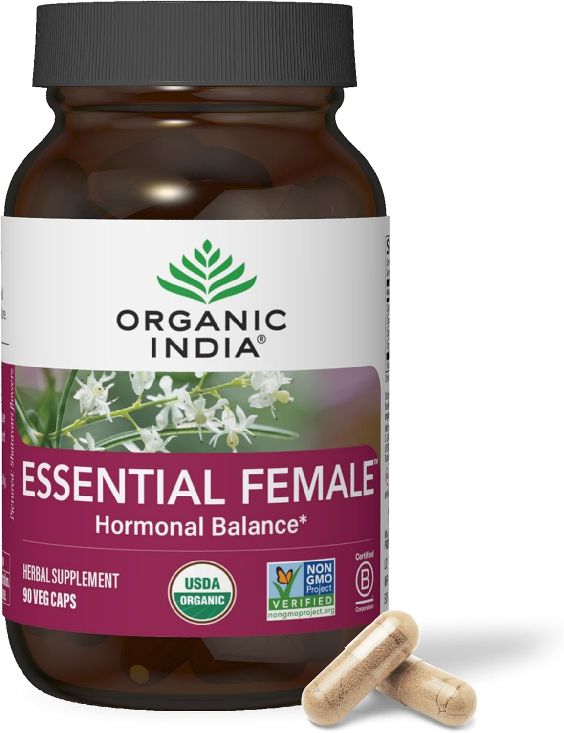 ORGANIC INDIA Essential Female Herbal Supplement – Hormonal Balance, Women’s Formula, Reproductive Health, Adaptogen, Ayurvedic, USDA Certified Organic, Non-GMO – 90 Capsules