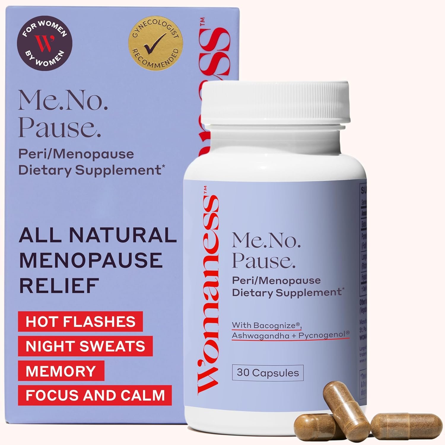 Womaness Me.No.Pause Supplement for Women – Hormone Balance for Women Perimenopause and Menopause – Ashwagandha, Pycnogenol and Bacognize for Hot Flashes, Brain Fog and Mood Hormone Free – 30 Capsules